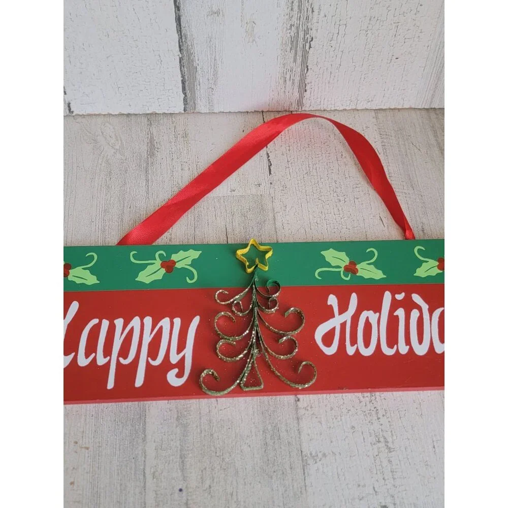 Happy holidays red wall‎ hanging sign Xmas tree star home decor